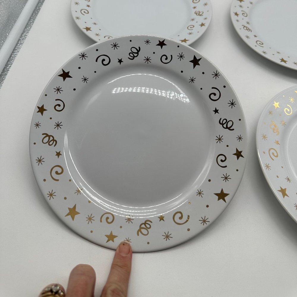Set of 4 New Pampered Chef Celebration Party Salad Plate Plates White Gold Trim